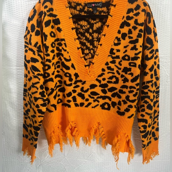 Cheetah Print Women's Fringe Drop Sleeve Crop Sweater Orange  Size L - Picture 3 of 13